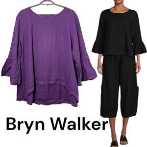 Bryn Walker Fran Basic Linen Round Neck Ruffle Sleeve High-Low Shirt size L